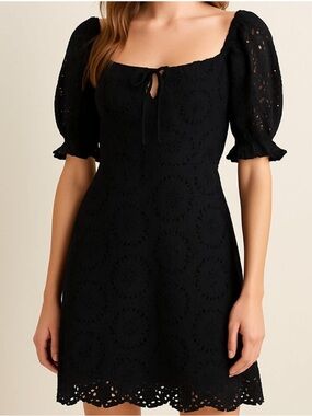 7 For All Mankind Black Eyelet Puff Sleeve Mini Dress 100% Cotton Cottagecore S